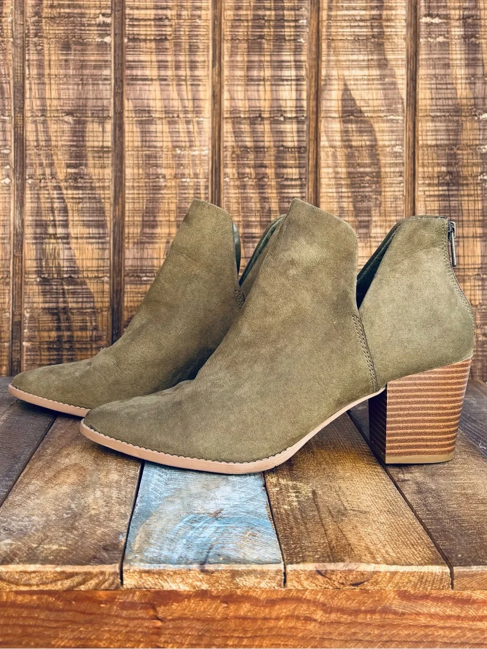 Sun + Stone Olive Green Suede Ankle Boots